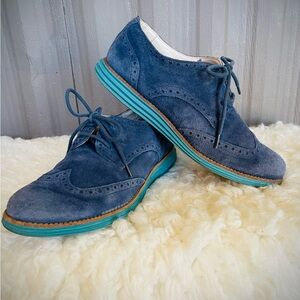 Cole Haan Lunargrand Women’s Blue Suede Wingtip Oxfords Waterproof sz 8 B
